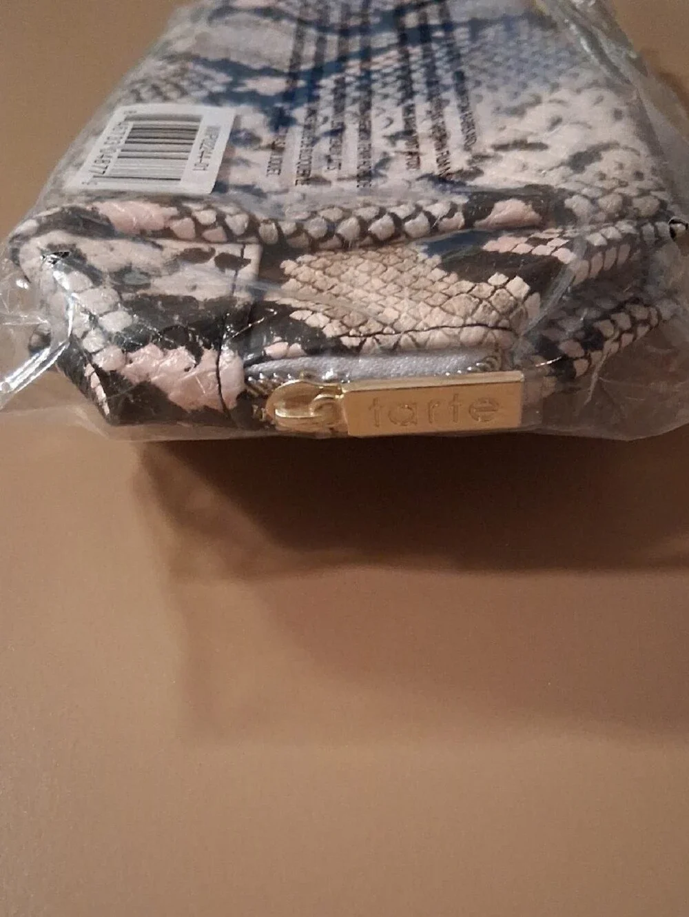 tarte Snake Print Makeup Pouch in Beige and Black with Gold Accent (Sealed-NIP)